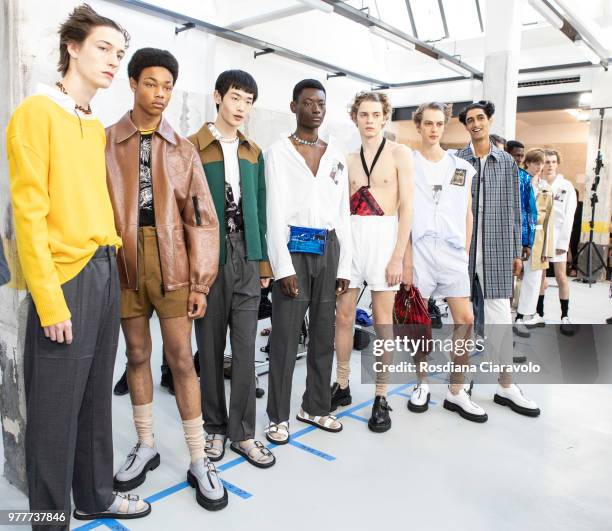 Models are seen backstage ahead of the N.21 show during Milan Men's Fashion Week Spring/Summer 2019 on June 18, 2018 in Milan, Italy.