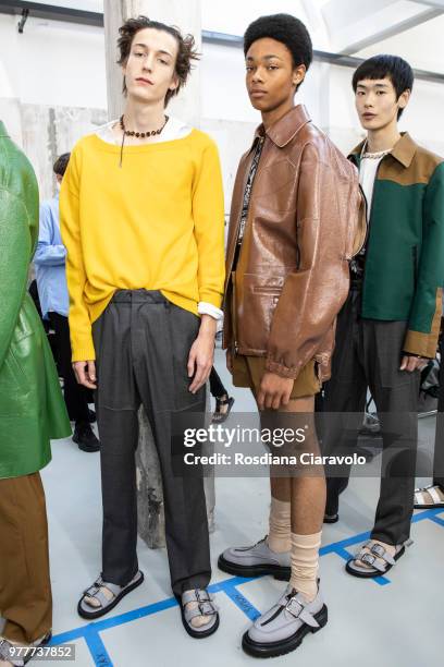 Models are seen backstage ahead of the N.21 show during Milan Men's Fashion Week Spring/Summer 2019 on June 18, 2018 in Milan, Italy.