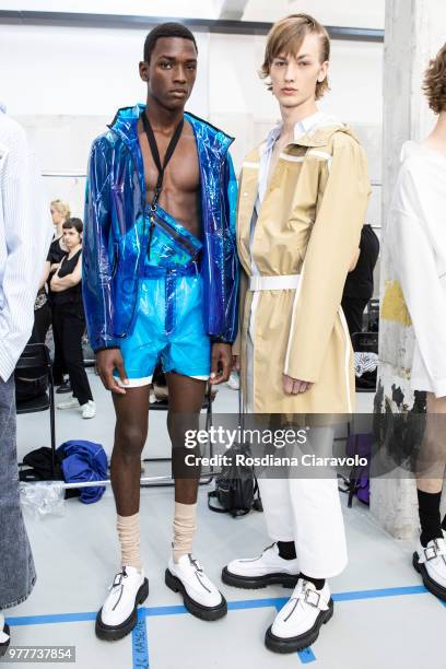 Models are seen backstage ahead of the N.21 show during Milan Men's Fashion Week Spring/Summer 2019 on June 18, 2018 in Milan, Italy.