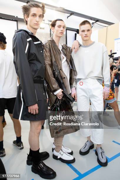 Models are seen backstage ahead of the N.21 show during Milan Men's Fashion Week Spring/Summer 2019 on June 18, 2018 in Milan, Italy.