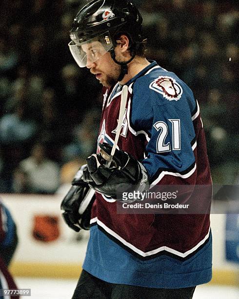 Peter Forsberg of the Colorado Avalanche skates against the Montreal Canadiens in the late 1990's at the Montreal Forum in Montreal, Quebec, Canada.