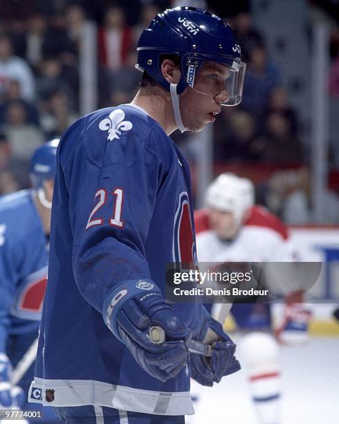 Peter Forsberg of the Quebec Nordiques skates against the Montreal Canadiens in the mid 1990's at the Montreal Forum in Montreal, Quebec, Canada.