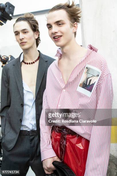 Models and Ernest Klimko are seen backstage ahead of the N.21 show during Milan Men's Fashion Week Spring/Summer 2019 on June 18, 2018 in Milan,...