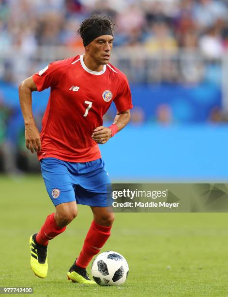 June 17: Christian Bolanos of Costa Rica looks for a pass during the game against Serbia during the 2018 FIFA World Cup Russia group E match between...