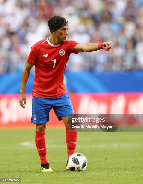 June 17: Christian Bolanos of Costa Rica looks for a pass during the game against Serbia during the 2018 FIFA World Cup Russia group E match between...
