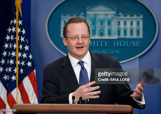 White House Press Secretary Robert Gibbs speaks during the daily press briefing in the Brady Briefing Room of the White House in Washington on March...