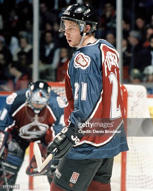 Peter Forsberg of the Colorado Avalanche skates against the Montreal Canadiens in the late 1990's at the Montreal Forum in Montreal, Quebec, Canada.