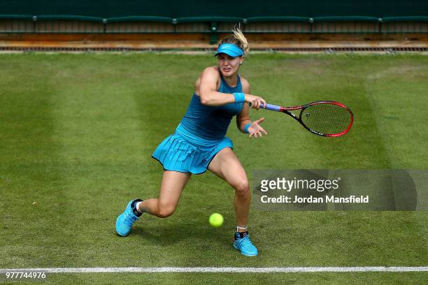 Eugenie Bouchard of Canada plays a forehand during her qualifying match against Jennifer Brady of the USA during day three of the Nature Valley...