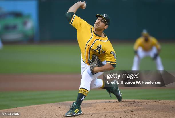 Daniel Mengden of the Oakland Athletics pitches against the Houston Astros in the top of the first inning at the Oakland Alameda Coliseum on June 12,...