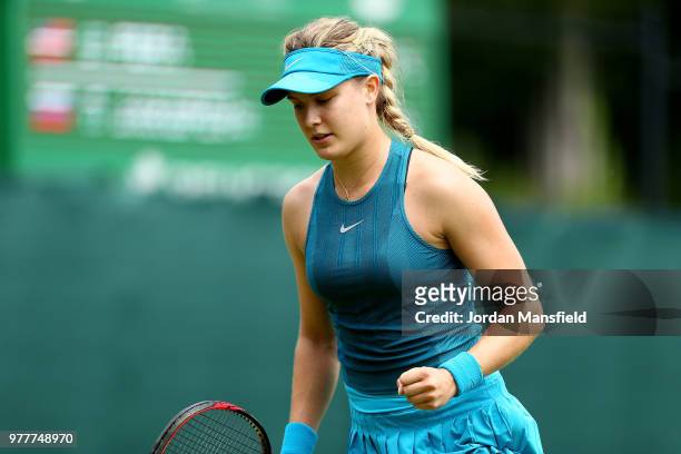 Eugenie Bouchard of Canada celebrates a point during her qualifying match against Jennifer Brady of the USA during day three of the Nature Valley...