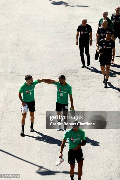 Players of Australia make their way on the pitch prior to an Australia Socceroos media opportunity at Stadium Trudovye Rezervy on June 18, 2018 in...