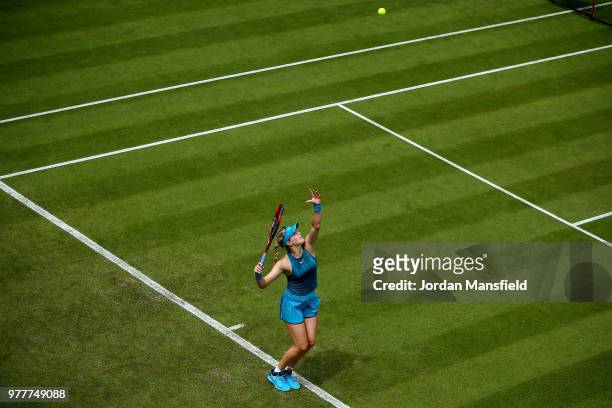 Eugenie Bouchard of Canada serves during her qualifying match against Jennifer Brady of the USA during day three of the Nature Valley Classic at...