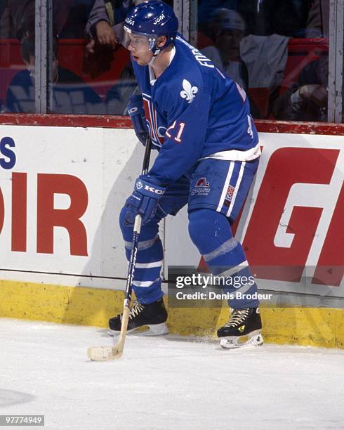 Peter Forsberg of the Quebec Nordiques skates against the Montreal Canadiens in the mid 1990's at the Montreal Forum in Montreal, Quebec, Canada.