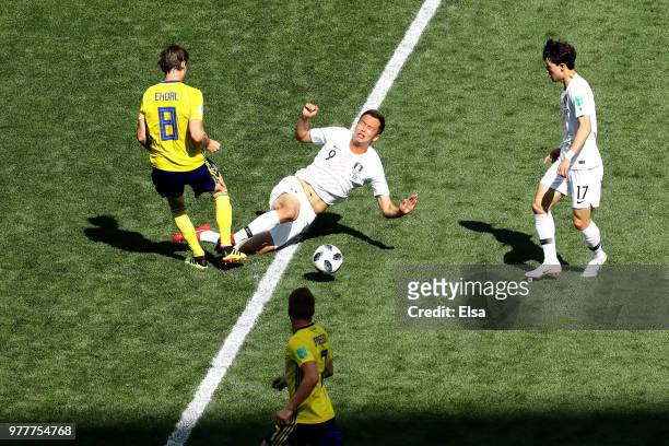 Albin Ekdal of Sweden and Kim Shin-Wook of Korea Republic battle for the ball during the 2018 FIFA World Cup Russia group F match between Sweden and...