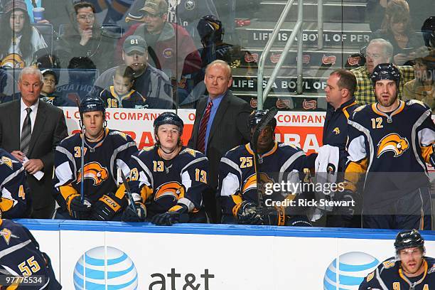 Head coach Lindy Ruff of the Buffalo Sabres watches the action during the game against the Minnesota Wild at HSBC Arena on March 12, 2010 in Buffalo,...