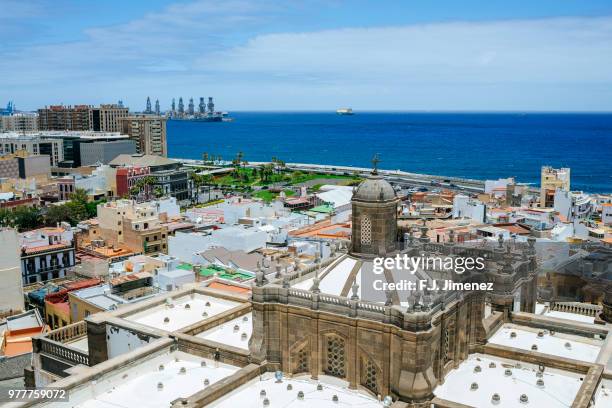 landscape of las palmas de gran canaria with the top of the cathedral - las palmas cathedral - fotografias e filmes do acervo