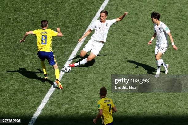 Albin Ekdal of Sweden is tackled by Kim Shin-Wook of Korea Republic during the 2018 FIFA World Cup Russia group F match between Sweden and Korea...