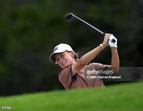 Catriona Matthew of Scotland hits out of a bunker on the 12th fairway during the third round at the ANZ Australian Ladies Masters Golf at Royal Pines...