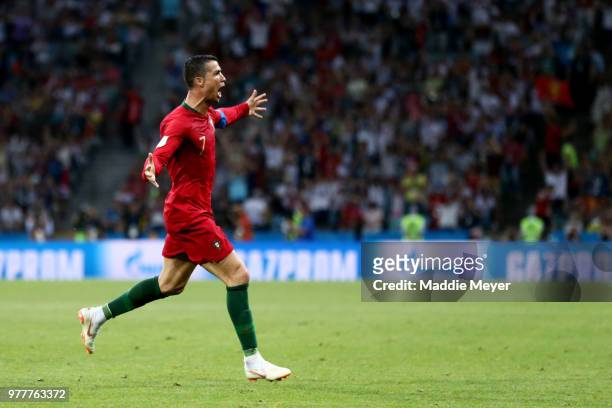 June 15: Cristiano Ronaldo of Portugal celebrates after scoring a goal against the Spain during the 2018 FIFA World Cup Russia group B match between...