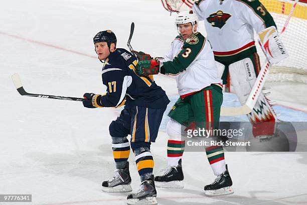 Raffi Torres of the Buffalo Sabres follows the puck against Marek Zidlicky of the Minnesota Wild at HSBC Arena on March 12, 2010 in Buffalo, New York.