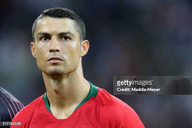 June 15: Cristiano Ronaldo of Portugal looks on before the 2018 FIFA World Cup Russia group B match between Portugal and Spain at Fisht Stadium on...