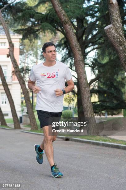 In this handout image provided by Moncloa, Spanish Prime Minister, Pedro Sanchez is seen jogging on June 18, 2018 in Madrid, Spain.