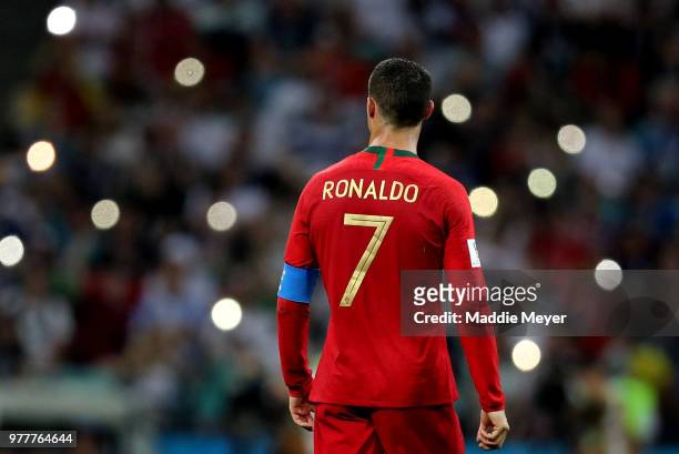 June 15: Cristiano Ronaldo of Portugal looks on during the 2018 FIFA World Cup Russia group B match between Portugal and Spain at Fisht Stadium on...