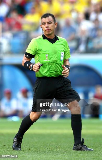Referee Joel Aguilar in action during the 2018 FIFA World Cup Russia group F match between Sweden and Korea Republic at Nizhniy Novgorod Stadium on...