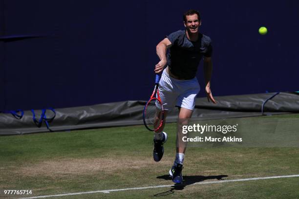 Andy Murray of Great Britain in action during a practice session on Day 1 of the Fever-Tree Championships at Queens Club on June 18, 2018 in London,...