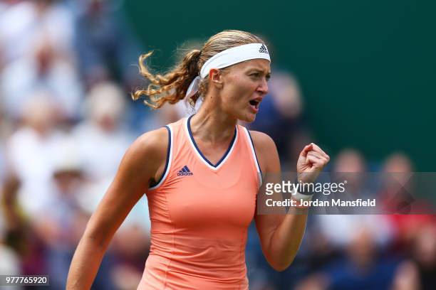 Kristina Mladenovic of France celebrates a point during her round of 32 match against Katerina Siniakova of the Czech Republic during day three of...