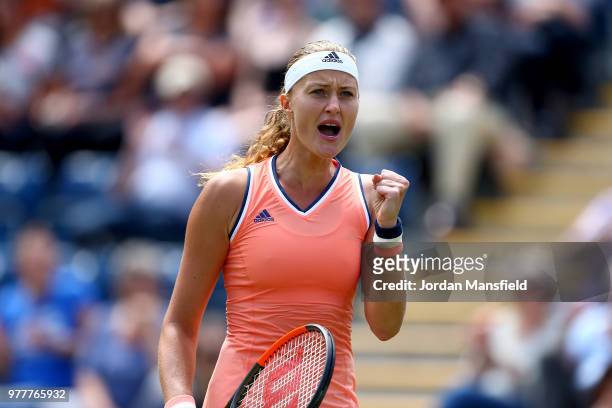 Kristina Mladenovic of France celebrates victory during her round of 32 match against Katerina Siniakova of the Czech Republic during day three of...
