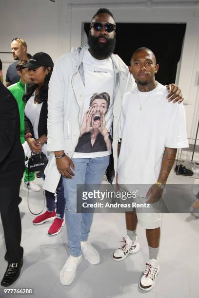 James Harden and Designer Chaz Jordan are seen backstage after the Ih Nom Uh Nit SS19 Collection Presentation - 'Midnight Special' on June 18, 2018...