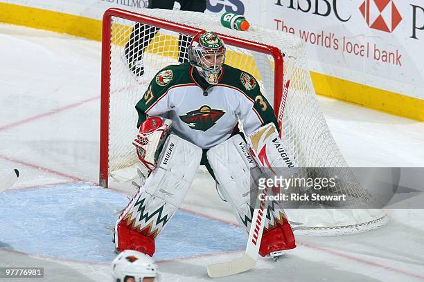 Goalie Josh Harding of the Minnesota Wild guards the net during the game against the Buffalo Sabres at HSBC Arena on March 12, 2010 in Buffalo, New...