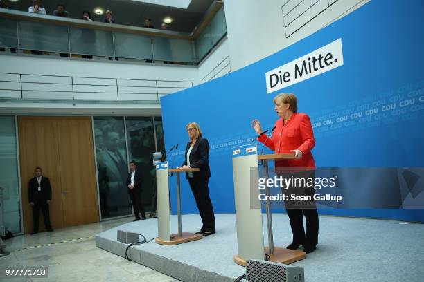 German Chancellor and leader of the German Christian Democrats Angela Merkel speaks to the media following two days of talks amongst the CDU...