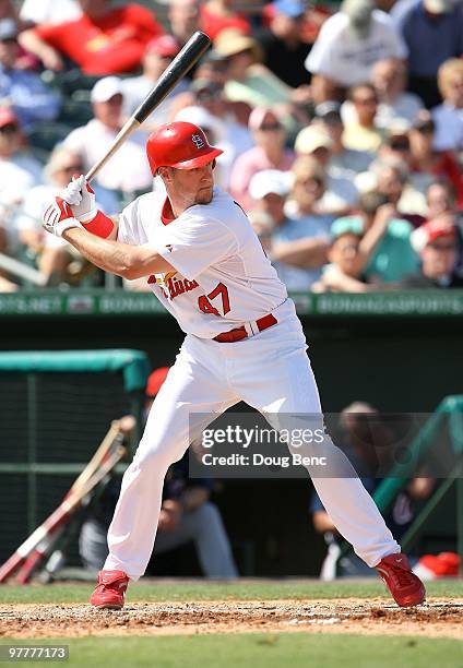 Right fielder Ryan Ludwick of the St Louis Cardinals hits against the Washington Nationals at Roger Dean Stadium on March 10, 2010 in Jupiter,...