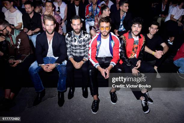 André Hamann, Matthew Zorpas, Marco Ferri and Guglielmo Scilla attend Dsquared2 show during Milan Men's Fashion Spring/Summer 2019 on June 17, 2018...