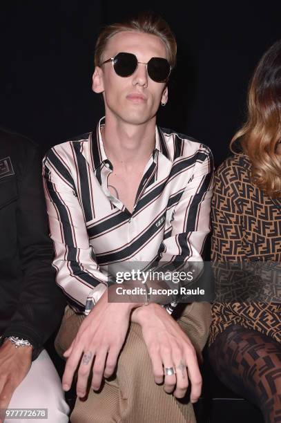 Jamie Campbell Bower attends the Fendi show during Milan Men's Fashion Week Spring/Summer 2019 on June 18, 2018 in Milan, Italy.