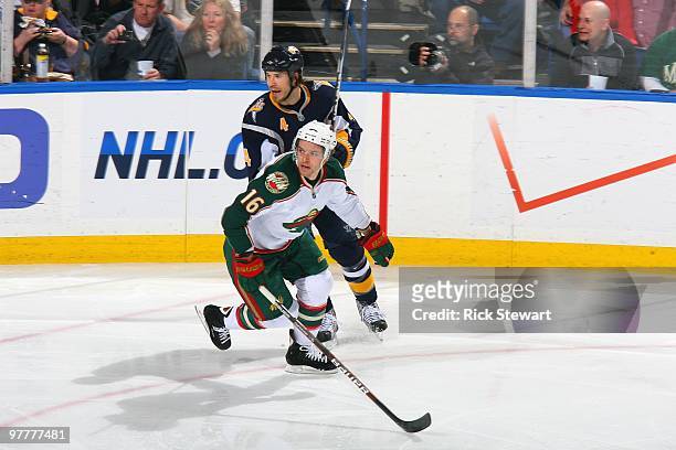 Andrew Ebbett of the Minnesota Wild skates open during the game against the Buffalo Sabres at HSBC Arena on March 12, 2010 in Buffalo, New York.