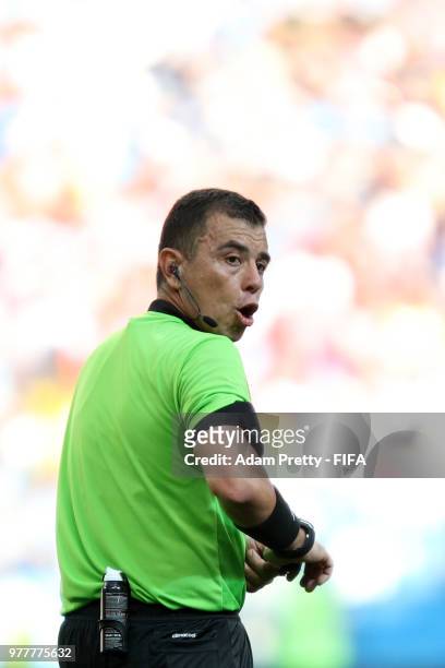 Referee Joel Aguilar looks on during the 2018 FIFA World Cup Russia group F match between Sweden and Korea Republic at Nizhniy Novgorod Stadium on...