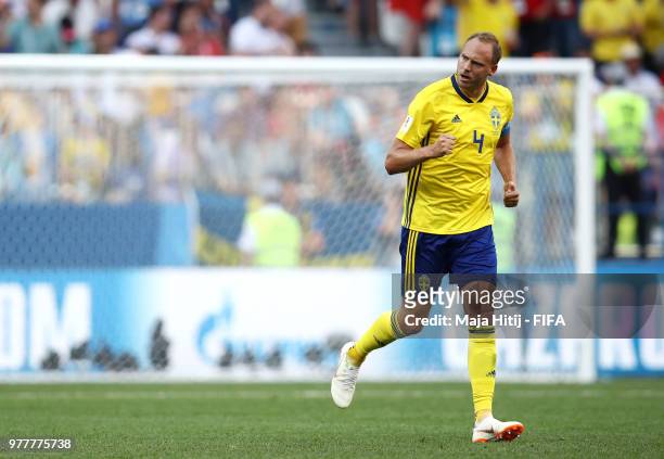 Andreas Granqvist of Sweden celebrates after scoring his team's first goal during the 2018 FIFA World Cup Russia group F match between Sweden and...