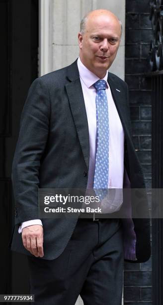 June 18 : Chris Grayling MP Secretary of State for Transport leaving No10 Downing Street after a special cabinet meeting to discuss extra funding for...