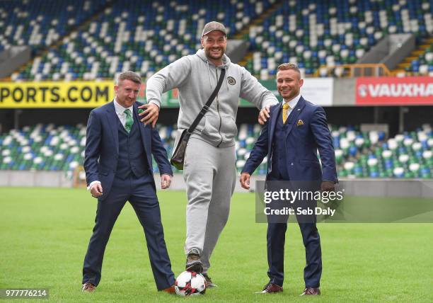 Belfast , United Kingdom - 18 June 2018; Paddy Barnes, left, Tyson Fury, centre, and Carl Frampton following a press conference at the National...