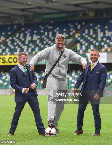Belfast , United Kingdom - 18 June 2018; Paddy Barnes, left, Tyson Fury, centre, and Carl Frampton following a press conference at the National...