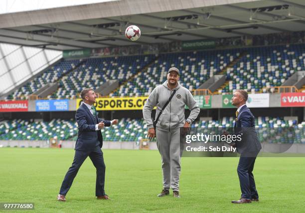 Belfast , United Kingdom - 18 June 2018; Paddy Barnes, left, Tyson Fury, centre, and Carl Frampton following a press conference at the National...