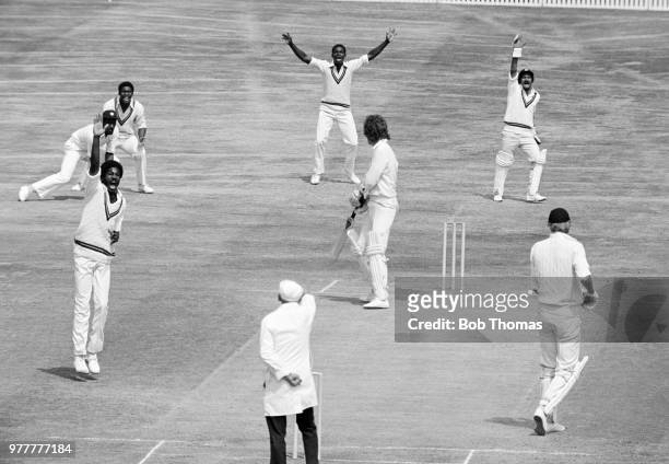 Michael Holding of the West Indies successfully appeals for lbw and England batsman Bob Willis is out for 0 giving the West Indies a victory by 55...