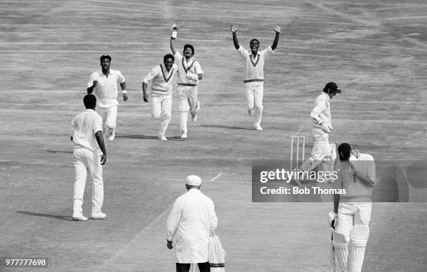 England batsman Alan Knott is caught by West Indies wicketkeeper Deryck Murray off the bowling of Wayne Daniel for 2 runs during the 4th Test match...