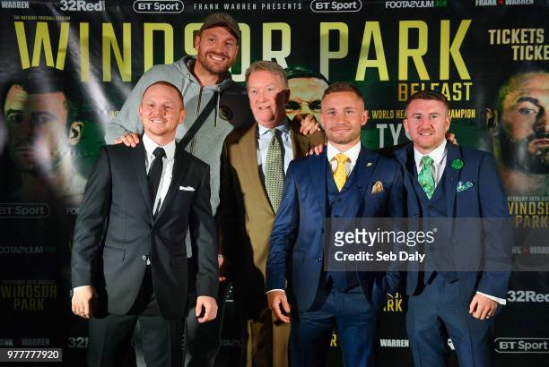 Belfast , United Kingdom - 18 June 2018; Boxers, from left, Luke Jackson, Tyson Fury, promoter Frank Warren, Carl Frampton and Paddy Barnes following...