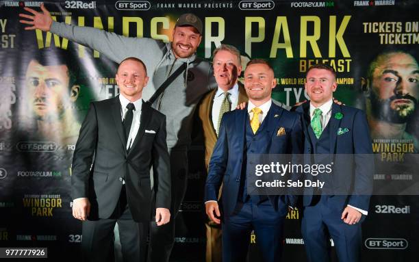 Belfast , United Kingdom - 18 June 2018; Boxers, from left, Luke Jackson, Tyson Fury, promoter Frank Warren, Carl Frampton and Paddy Barnes following...