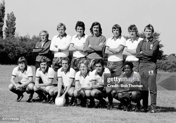 Northampton Town line up for a group photo, circa July 1976. Back row : John Petts , Jim Hall, John Gregory, Alan Starling, Stuart Robertson, Don...