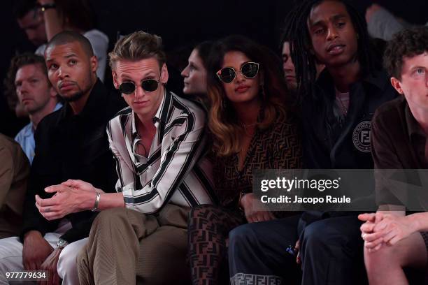 Jamie Campbell Bower and M.I.A. Attend the Fendi show during Milan Men's Fashion Week Spring/Summer 2019 on June 18, 2018 in Milan, Italy.